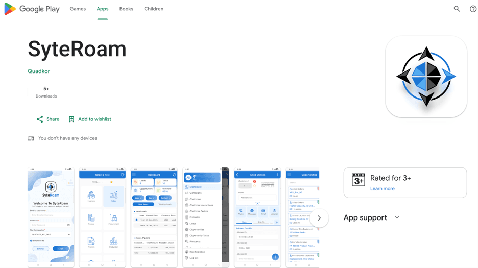 SyteRoam on Infor Marketplace, Google Play, and App Store